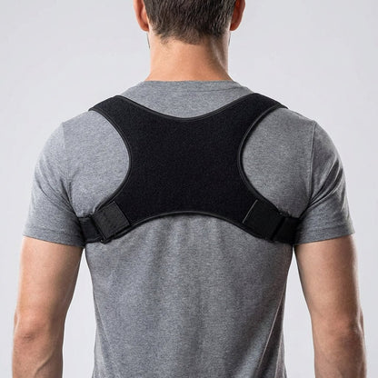 Adjustable shoulder support brace for posture correction in discreet black polyester, designed for comfort and support while improving posture. 0