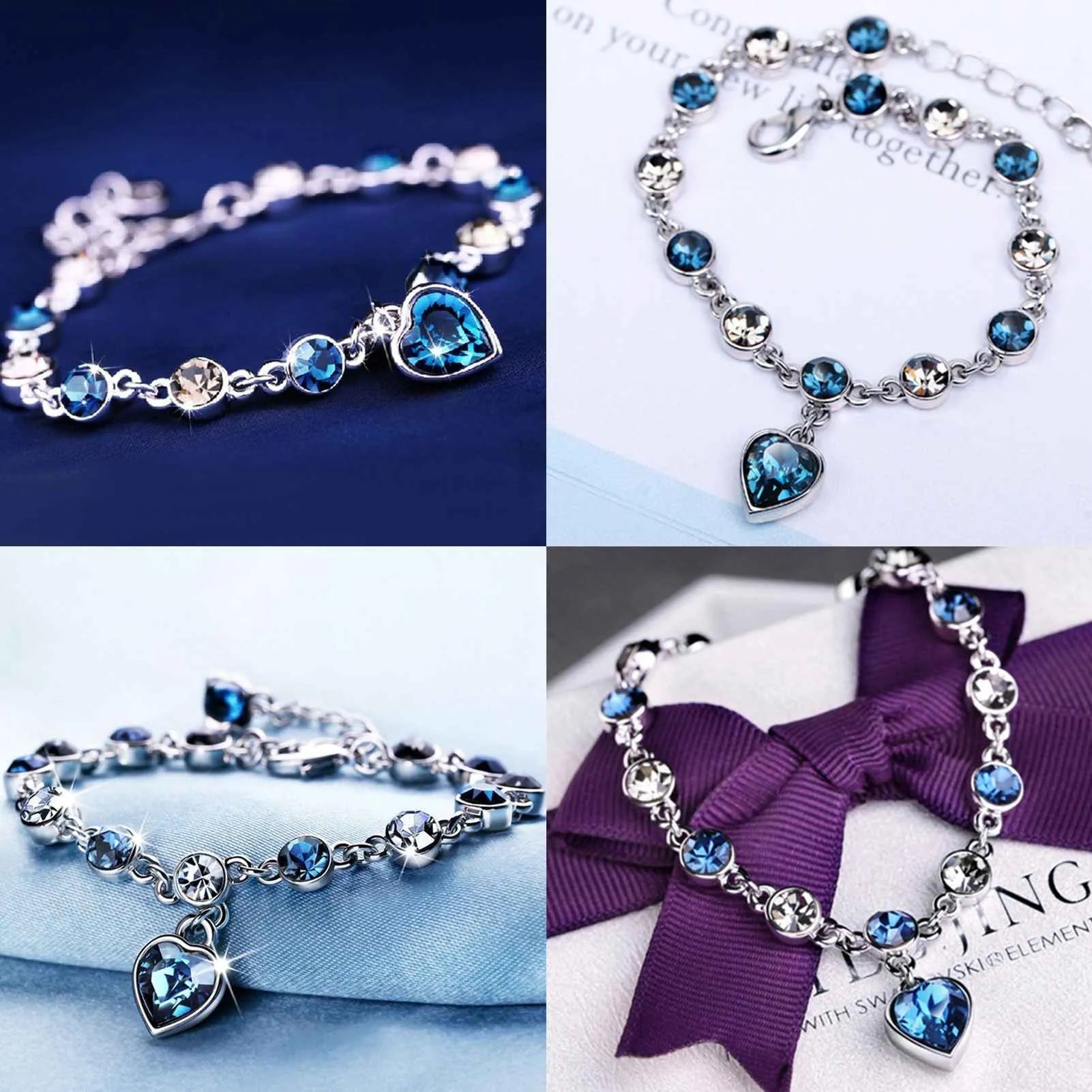 Adjustable sterling silver bracelet featuring azure cubic zirconia stones, designed with an ocean-inspired motif for comfortable wear. 5