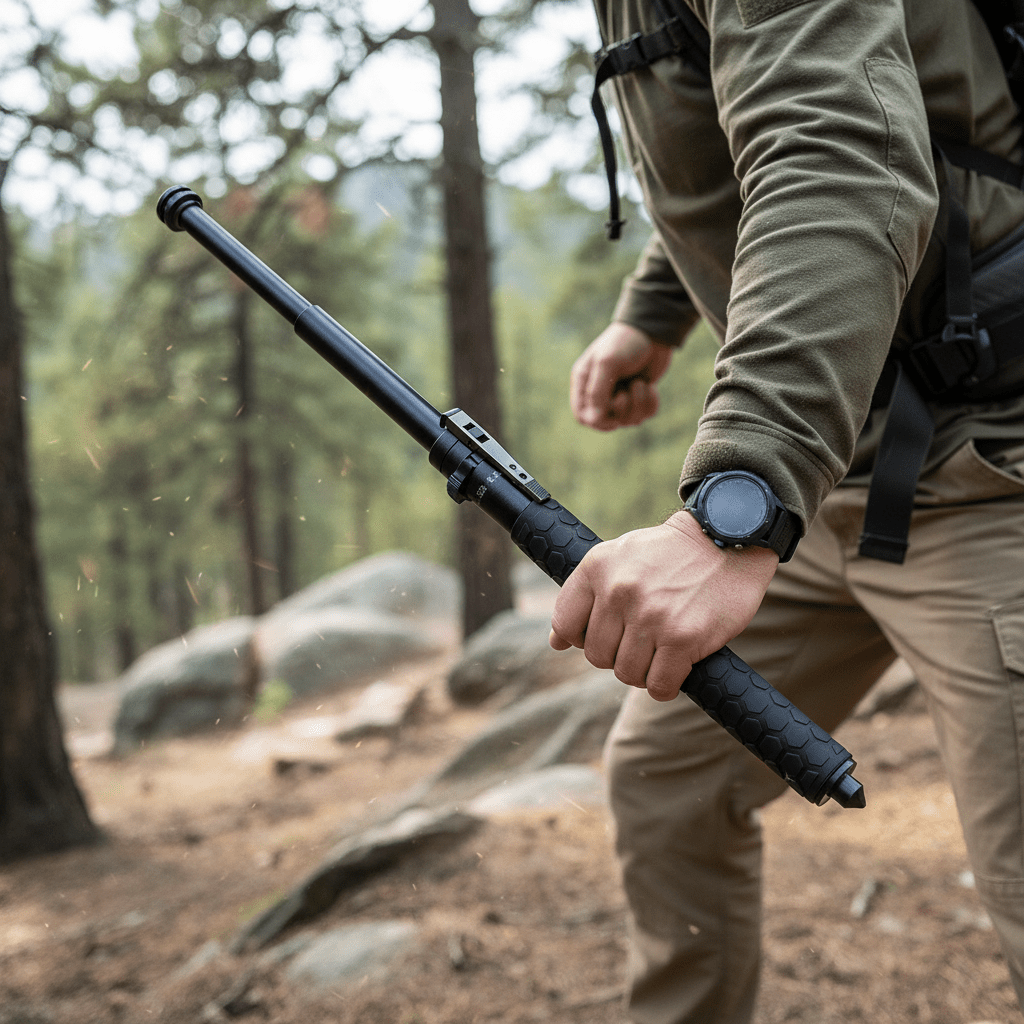 Adjustable trekking pole with ergonomic grip, designed for lightweight and collapsible use, ideal for hiking, walking, and travel. 4