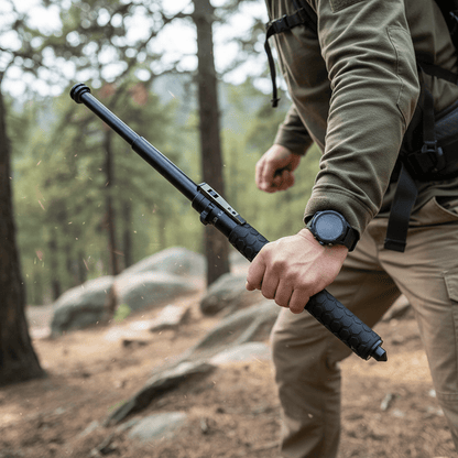 Adjustable trekking pole with ergonomic grip, designed for lightweight and collapsible use, ideal for hiking, walking, and travel. 4