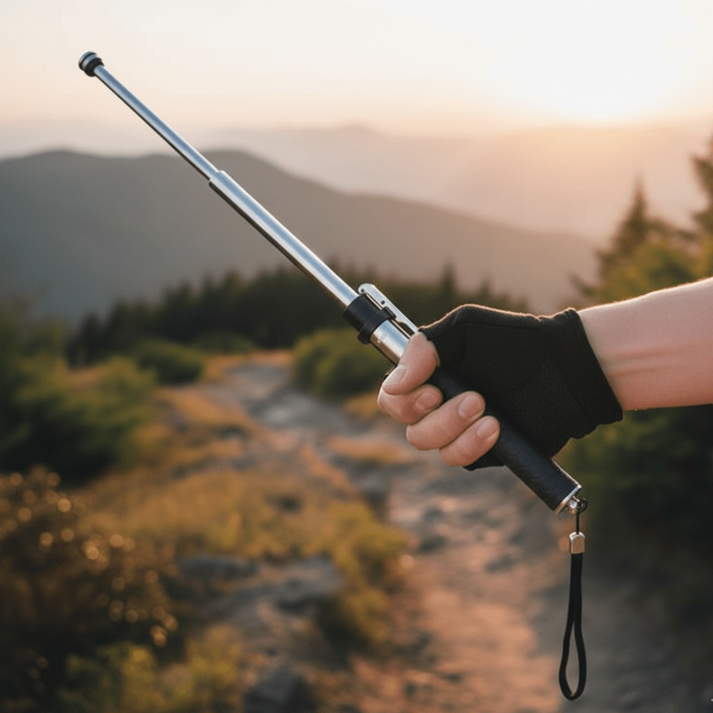 Adjustable trekking pole with ergonomic grip, designed for lightweight and collapsible use, ideal for hiking, walking, and travel. 0
