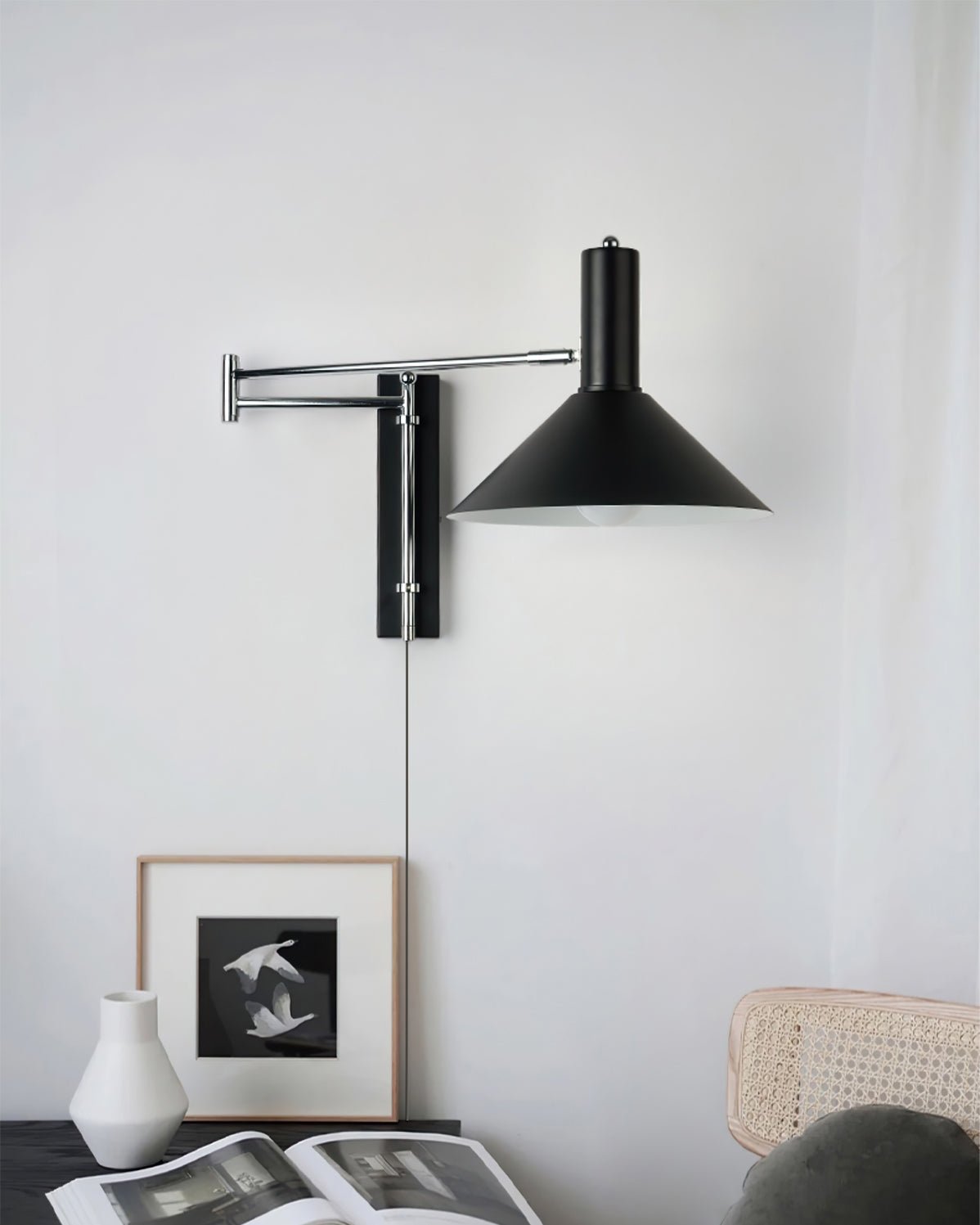 Adjustable wall lamp with plug-in design, featuring a modern metal sconce ideal for contemporary interiors, showcasing sleek lines and versatile positioning for optimal lighting. 5