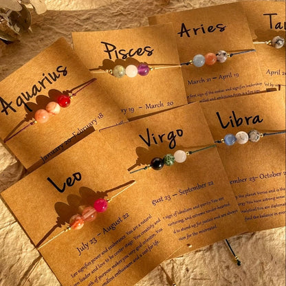 Adjustable Zodiac Birthstone Bracelet and Anklet Set featuring natural stone beads for personalized astrology style. 0