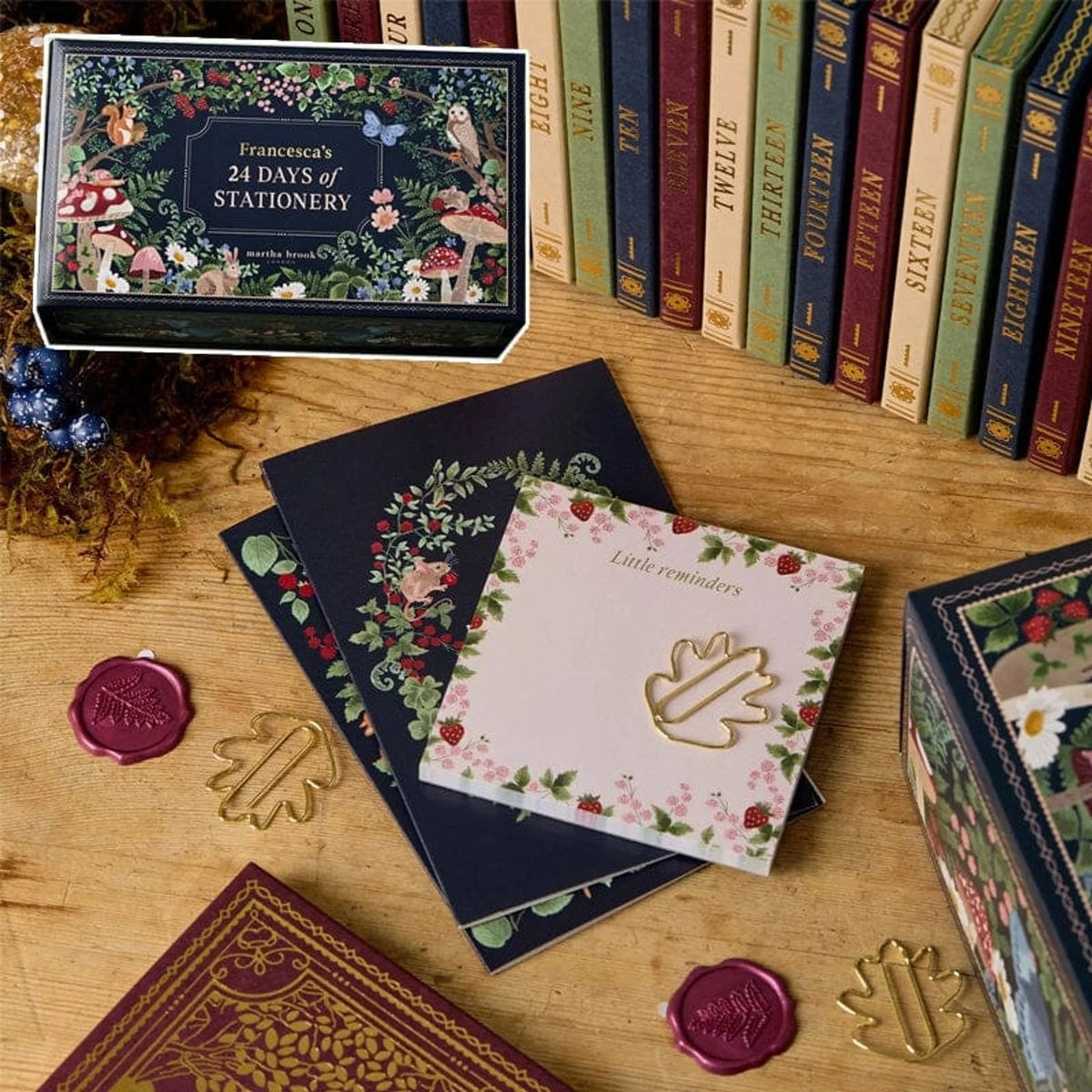 Advent Calendar featuring 24 days of stationery and office supplies, designed with a charming winter forest theme. 6