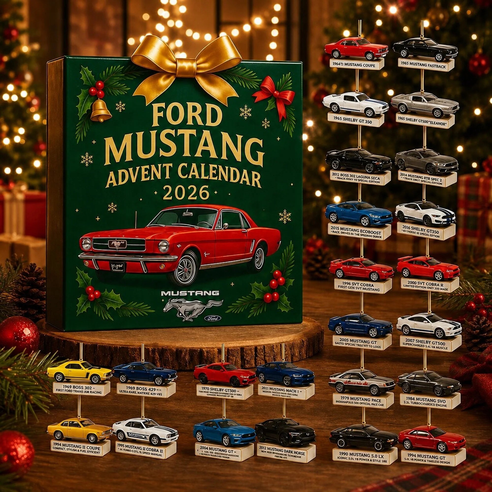 Advent calendar featuring 24 die-cast Mustang model cars, perfect for American muscle car enthusiasts and collectors, suitable for teens and adults. 0