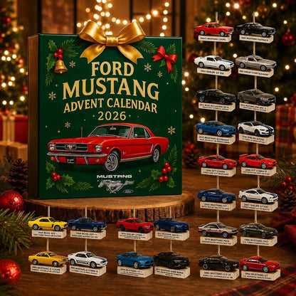 Advent calendar featuring 24 die-cast Mustang model cars, perfect for American muscle car enthusiasts and collectors, suitable for teens and adults. 0