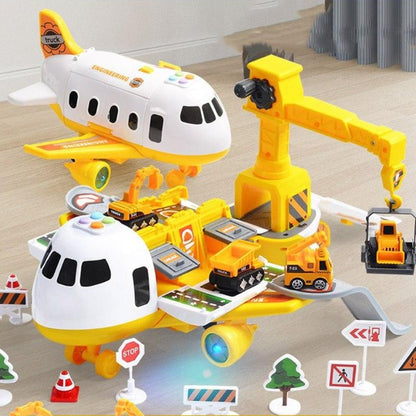 Adventure Plane Set featuring 6 colorful mini construction vehicles designed for kids aged 3-6, made from safe plastic for imaginative play. 9