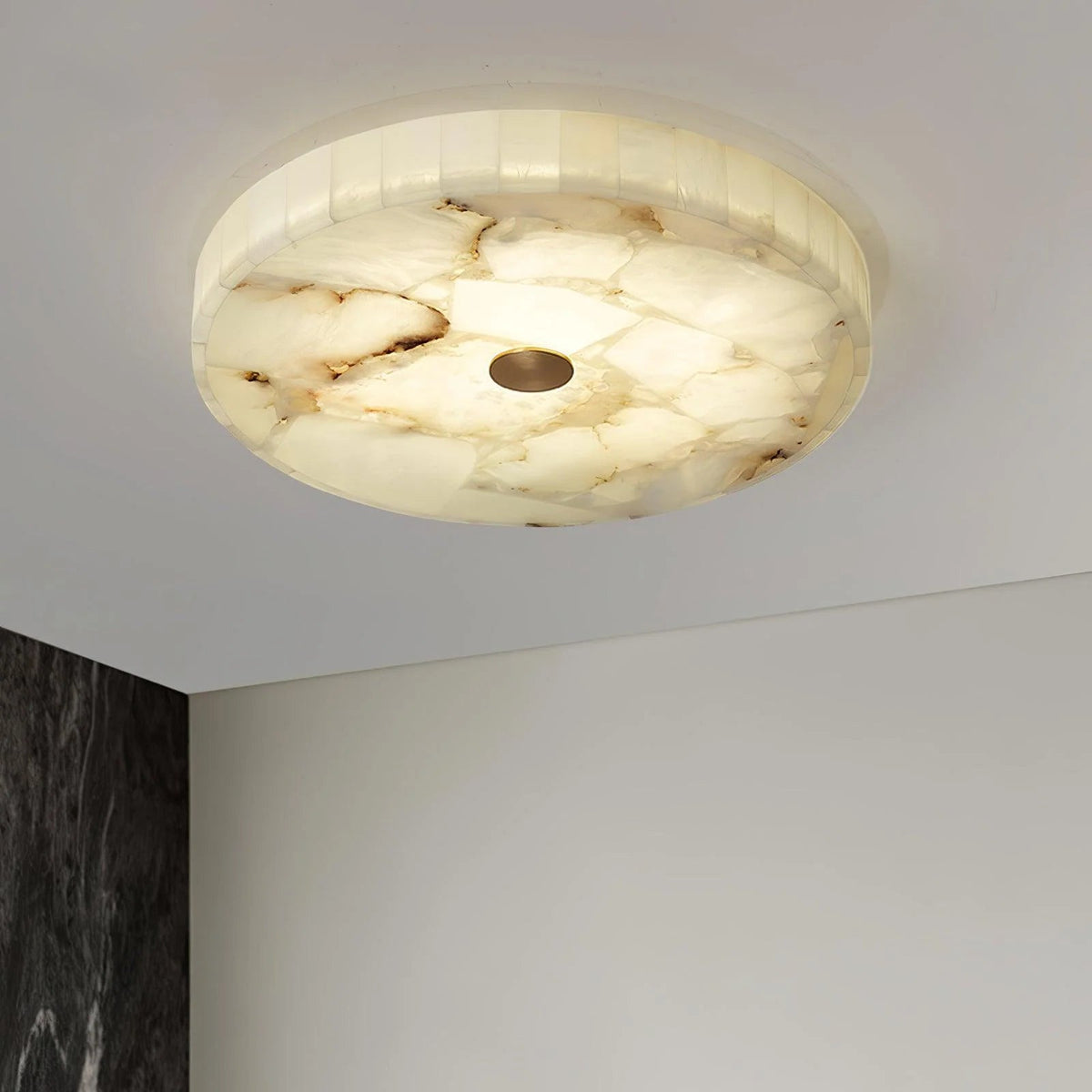Alabaster flush mount ceiling light featuring a modern design with integrated LED for soft ambient lighting in contemporary interiors. 8