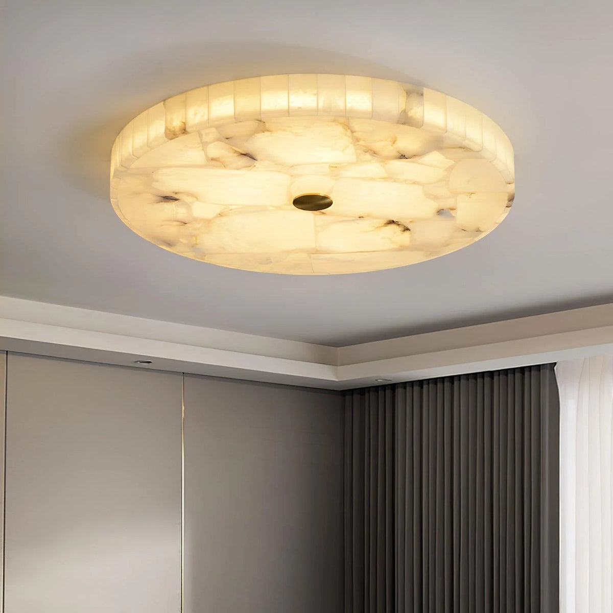 Alabaster flush mount ceiling light featuring a modern design with integrated LED for soft ambient lighting in contemporary interiors. 7