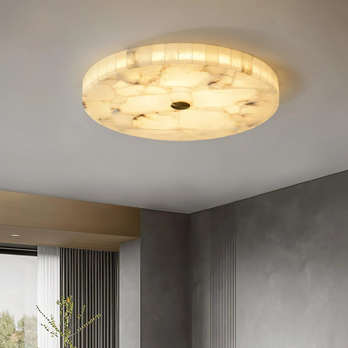 Alabaster flush mount ceiling light featuring a modern design with integrated LED for soft ambient lighting in contemporary interiors. 11