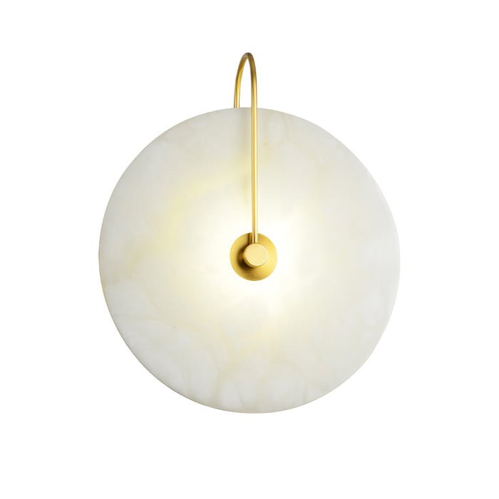 Alabaster wall lamp featuring integrated LED lighting and a unique snowflake pattern, designed with a modern minimalist aesthetic in black metal. 1