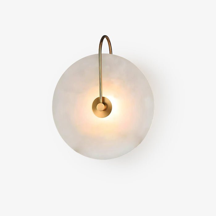 Alabaster wall lamp featuring integrated LED lighting and a unique snowflake pattern, designed with a modern minimalist aesthetic in black metal. 3