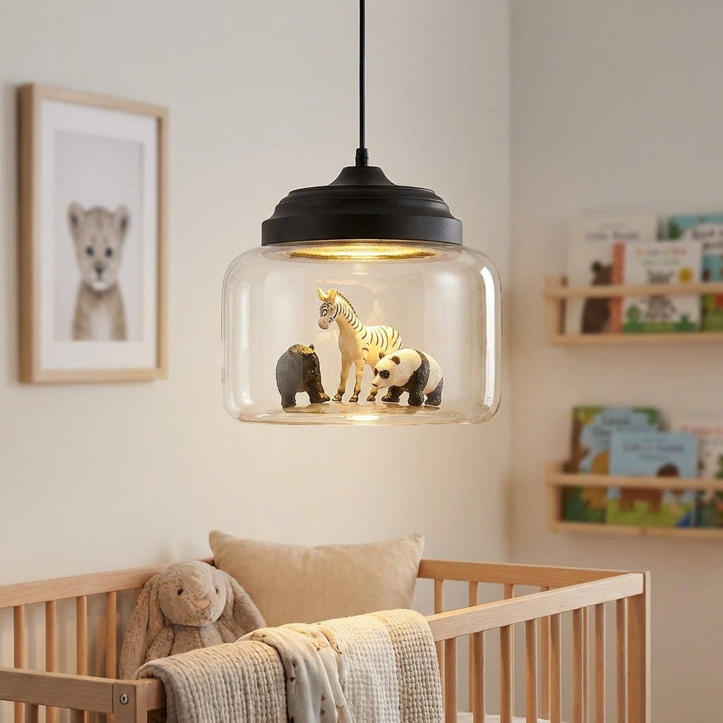 Whimsical animal pendant lamp with adjustable cable and glass shade, perfect LED lighting fixture for kids' rooms, featuring playful design and soft illumination. 1