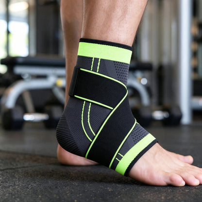 Adjustable ankle brace with cross-strap support, breathable knitted compression sleeve designed for basketball and sports activities. 2