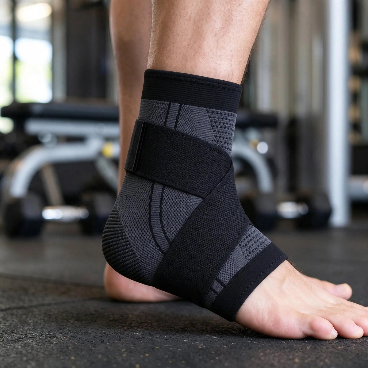 Adjustable ankle brace with cross-strap support, breathable knitted compression sleeve designed for basketball and sports activities. 3