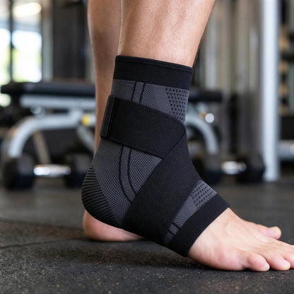 Adjustable ankle brace with cross-strap support, breathable knitted compression sleeve designed for basketball and sports activities. 3