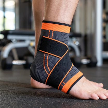 Adjustable ankle brace with cross-strap support, breathable knitted compression sleeve designed for basketball and sports activities. 0