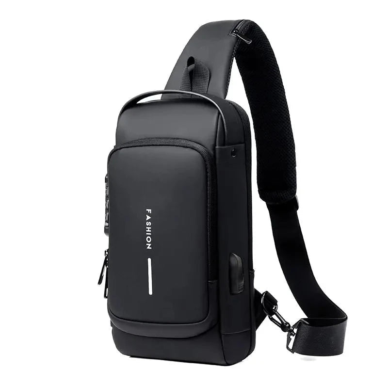 Anti-theft chest bag in black featuring RFID protection and ergonomic design, perfect for secure travel organization. 0