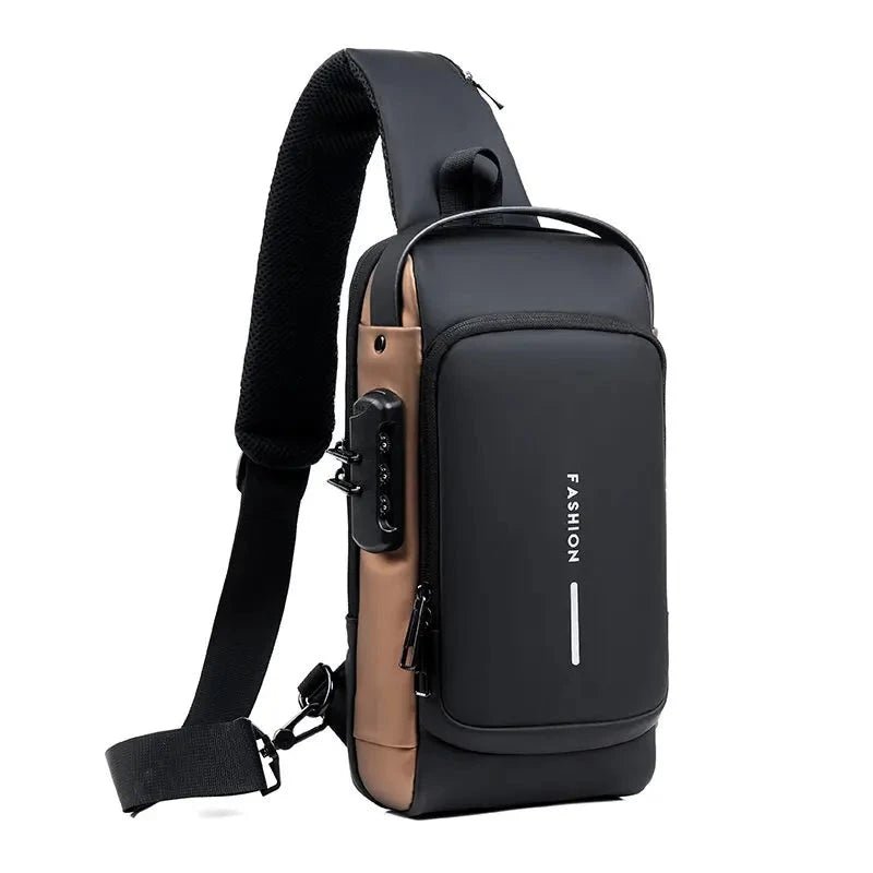 Anti-theft chest bag in black featuring RFID protection and ergonomic design, perfect for secure travel organization. 9