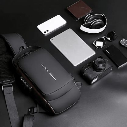Anti-theft chest bag in black featuring RFID protection and ergonomic design, perfect for secure travel organization. 4