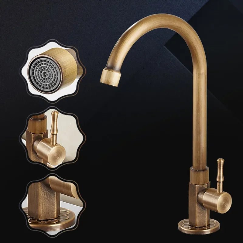 Antique brass kitchen faucet with swan neck spout and ceramic valve, showcasing an elegant design perfect for modern kitchens. 3