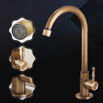 Antique brass kitchen faucet with swan neck spout and ceramic valve, showcasing an elegant design perfect for modern kitchens. 3