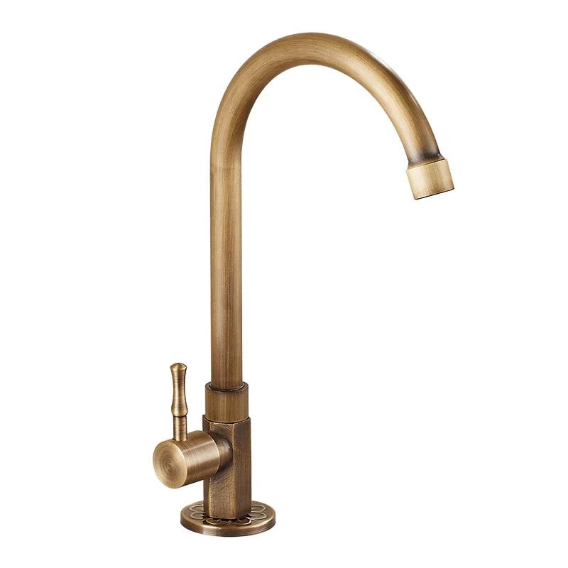Antique brass kitchen faucet with swan neck spout and ceramic valve, showcasing an elegant design perfect for modern kitchens. 2