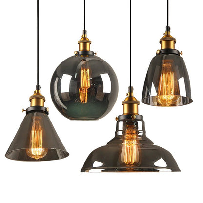 Antique glass pendant lamp featuring a dimmable function, designed in Art Déco style with gray glass and metal accents, ideal for kitchen lighting, 1