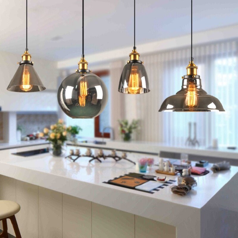 Antique glass pendant lamp featuring a dimmable function, designed in Art Déco style with gray glass and metal accents, ideal for kitchen lighting, 2