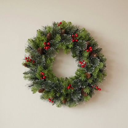 Artificial Christmas wreath featuring a lifelike floral design, perfect for festive home decor; round shape ideal for door displays during the winter season. 1