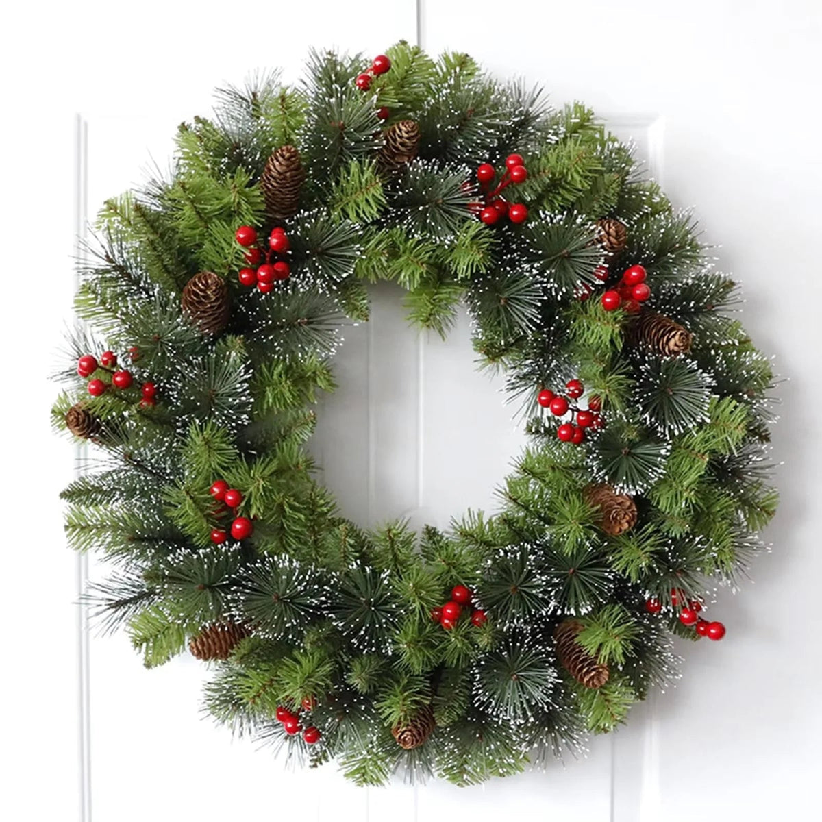 Artificial Christmas wreath featuring a lifelike floral design, perfect for festive home decor; round shape ideal for door displays during the winter season. 4