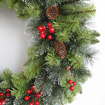 Artificial Christmas wreath featuring a lifelike floral design, perfect for festive home decor; round shape ideal for door displays during the winter season. 2