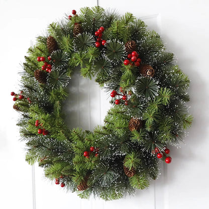 Artificial Christmas wreath featuring a lifelike floral design, perfect for festive home decor; round shape ideal for door displays during the winter season. 3
