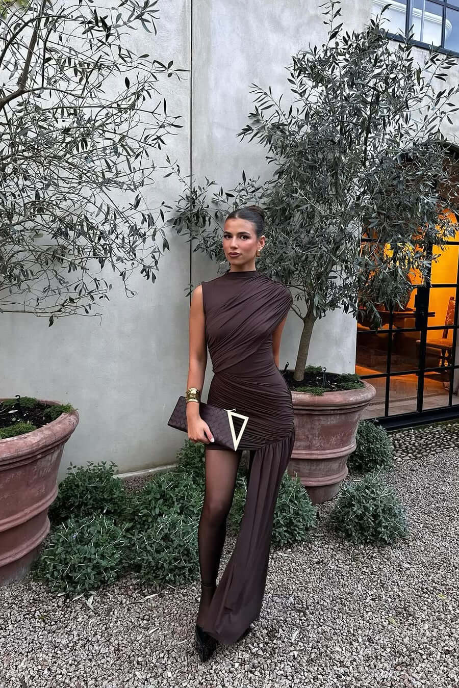 Asymmetric evening dress with cap sleeves and high neckline, perfect for elegant formal weddings, featuring a sophisticated design ideal for wedding guests. 4