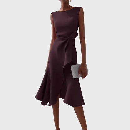 Asymmetric midi dress with draped design, featuring elegant sleeveless style, perfect for special occasions and evening wear. 10