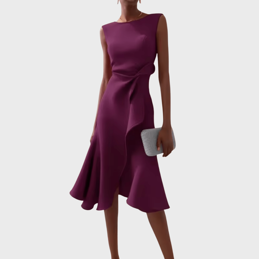 Asymmetric midi dress with draped design, featuring elegant sleeveless style, perfect for special occasions and evening wear. 6