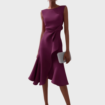 Asymmetric midi dress with draped design, featuring elegant sleeveless style, perfect for special occasions and evening wear. 6