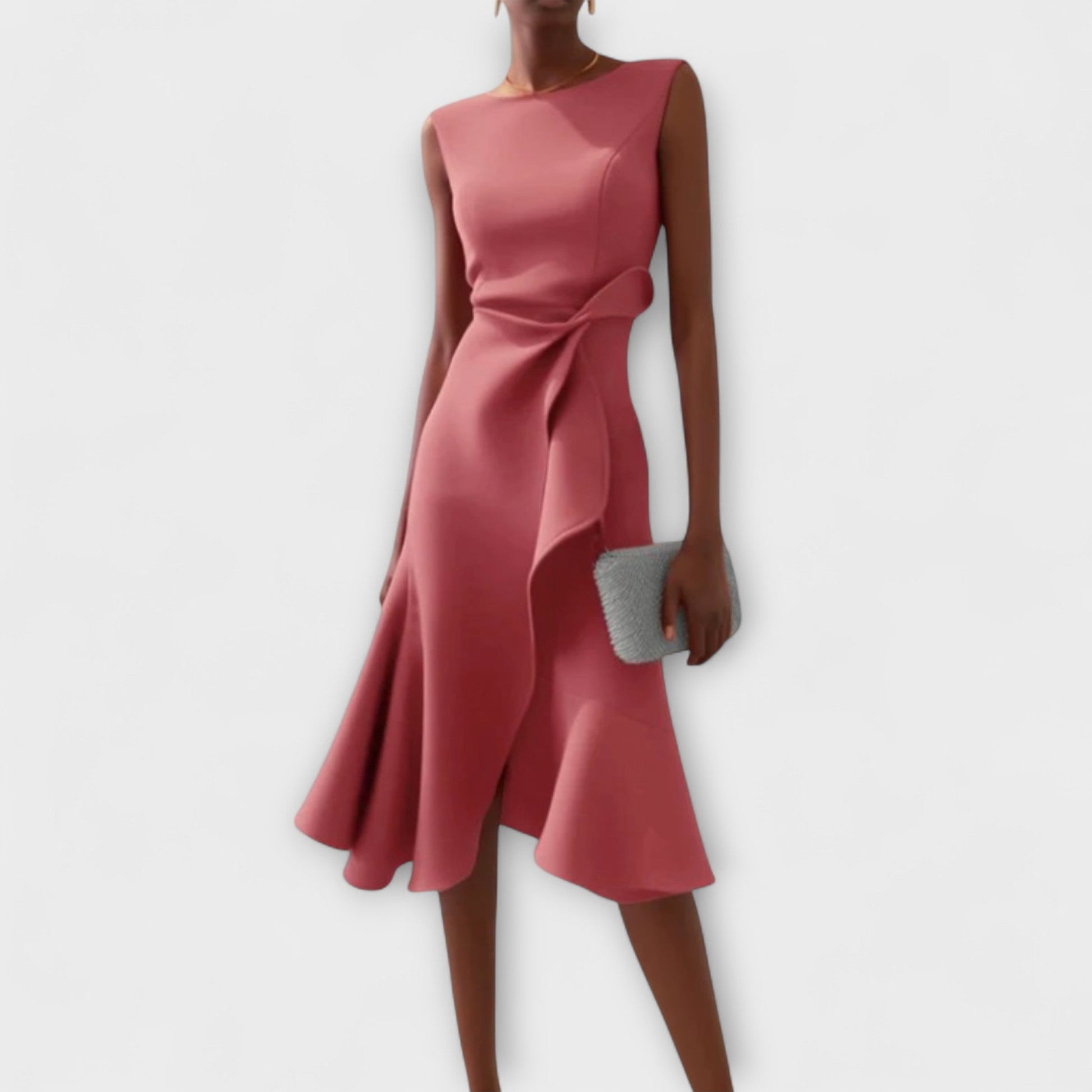 Asymmetric midi dress with draped design, featuring elegant sleeveless style, perfect for special occasions and evening wear. 2