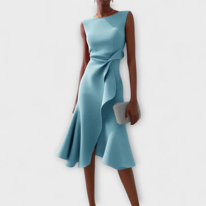 Asymmetric midi dress with draped design, featuring elegant sleeveless style, perfect for special occasions and evening wear. 3