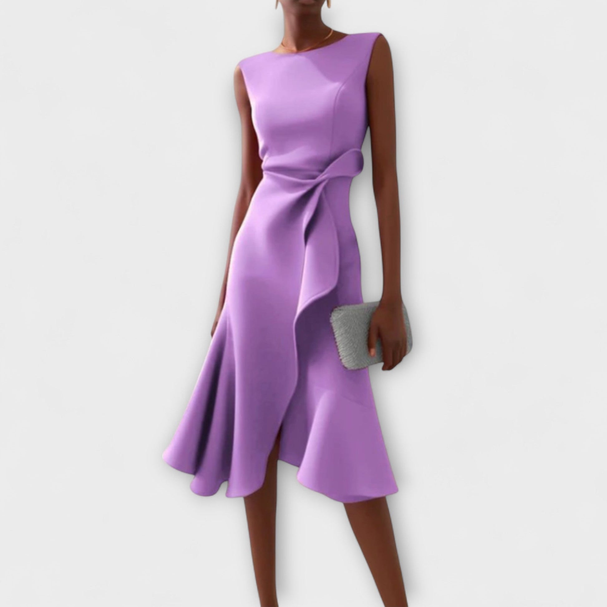 Asymmetric midi dress with draped design, featuring elegant sleeveless style, perfect for special occasions and evening wear. 4