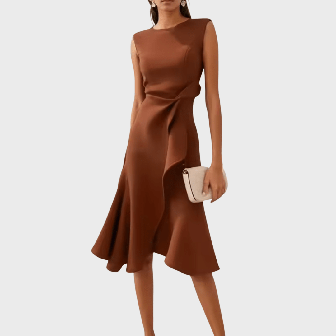 Asymmetric midi dress with draped design, featuring elegant sleeveless style, perfect for special occasions and evening wear. 8
