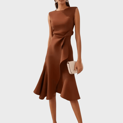 Asymmetric midi dress with draped design, featuring elegant sleeveless style, perfect for special occasions and evening wear. 8