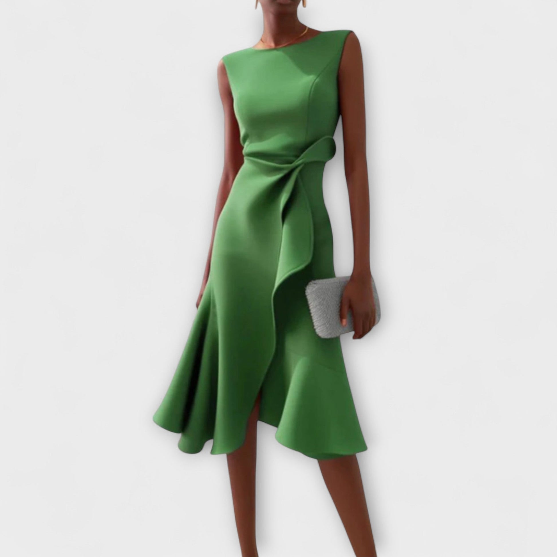 Asymmetric midi dress with draped design, featuring elegant sleeveless style, perfect for special occasions and evening wear. 5
