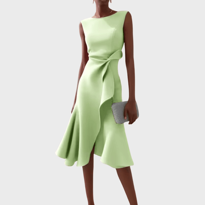 Asymmetric midi dress with draped design, featuring elegant sleeveless style, perfect for special occasions and evening wear. 7