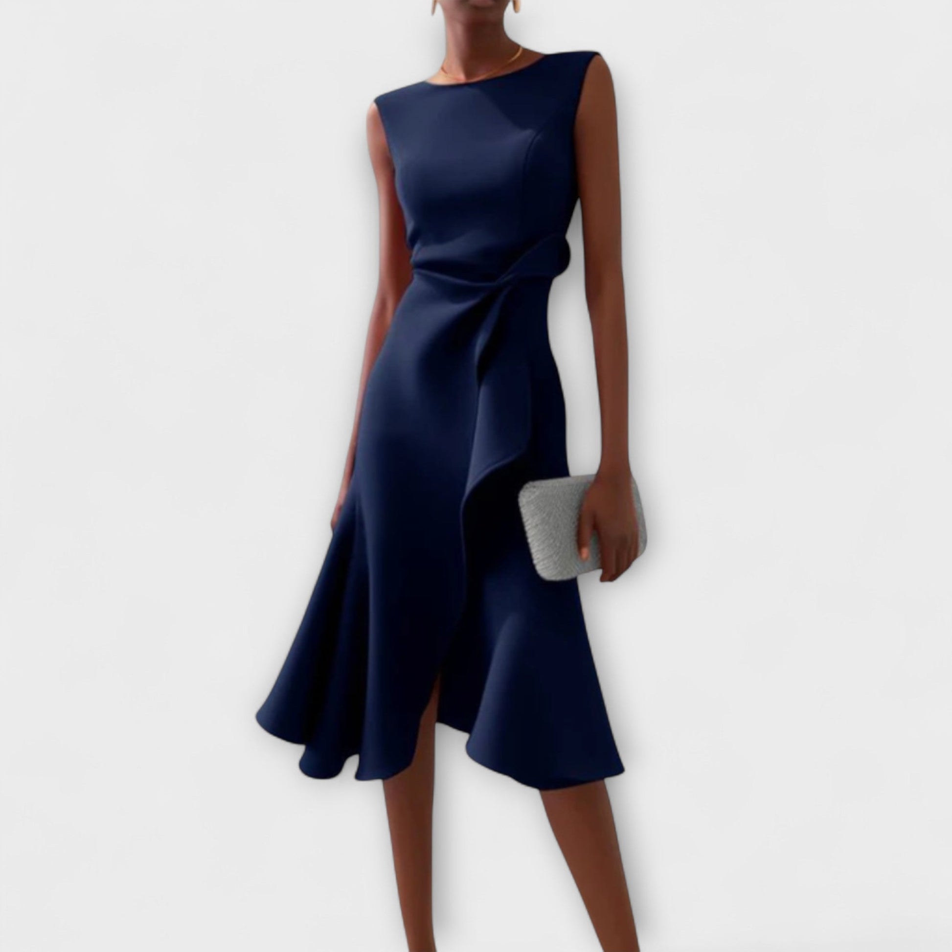Asymmetric midi dress with draped design, featuring elegant sleeveless style, perfect for special occasions and evening wear. 1