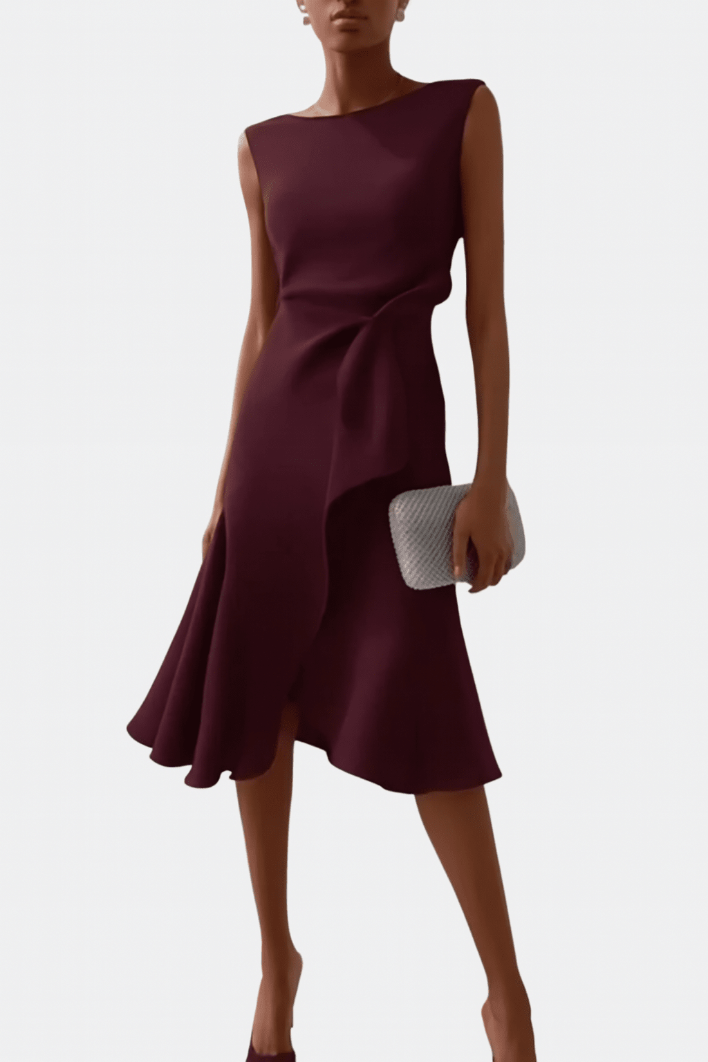 Asymmetric midi dress with draped design, featuring elegant sleeveless style, perfect for special occasions and evening wear. 9