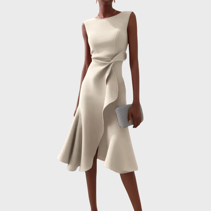 Asymmetric midi dress with draped design, featuring elegant sleeveless style, perfect for special occasions and evening wear. 11
