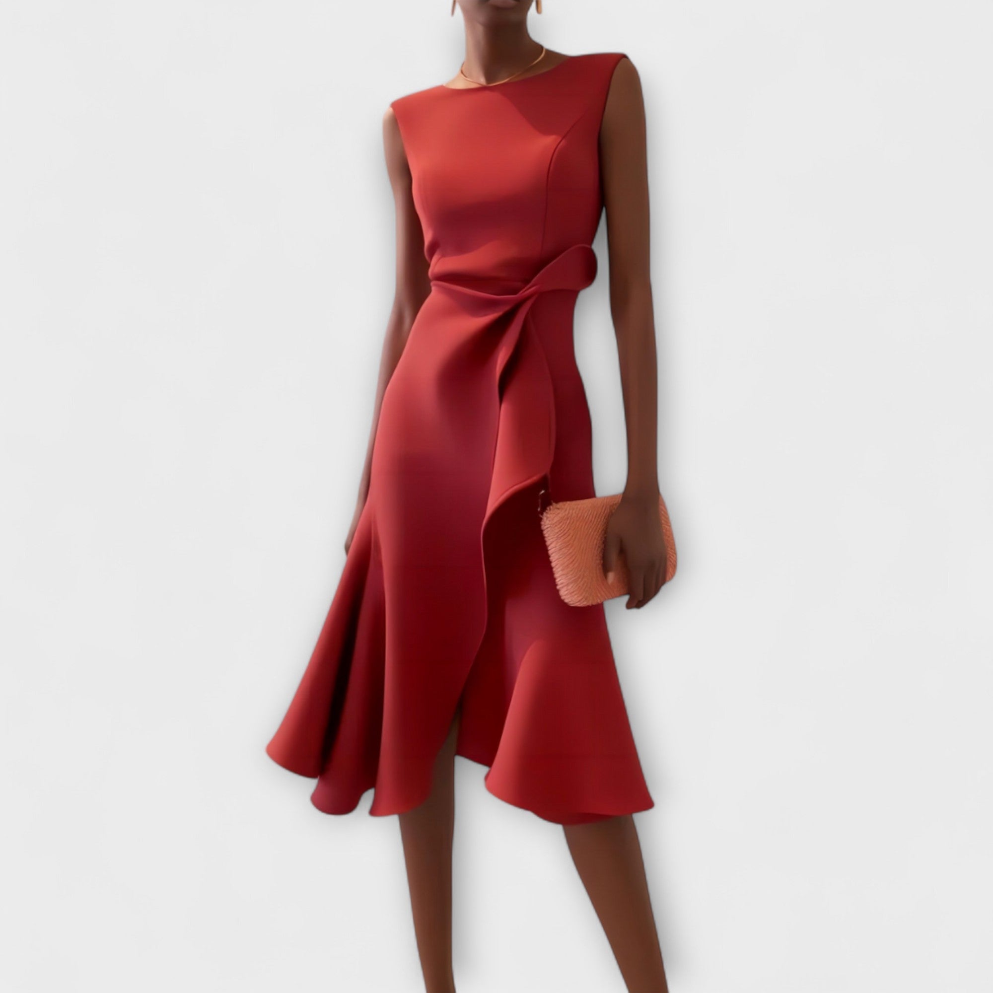 Asymmetric midi dress with draped design, featuring elegant sleeveless style, perfect for special occasions and evening wear. 0