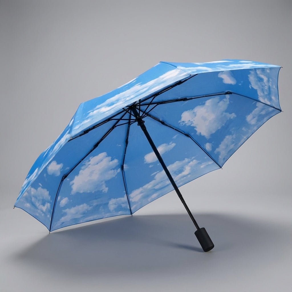 Automatic folding travel umbrella featuring wind-resistant fiberglass ribs, designed for lightweight portability and compact storage, perfect for on-the-go protection from rain and wind. 6