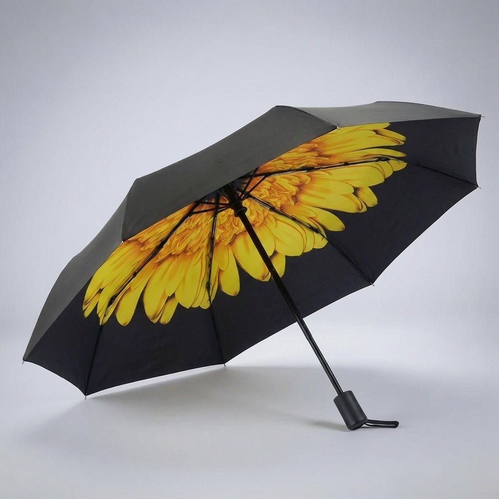 Automatic folding travel umbrella featuring wind-resistant fiberglass ribs, designed for lightweight portability and compact storage, perfect for on-the-go protection from rain and wind. 10